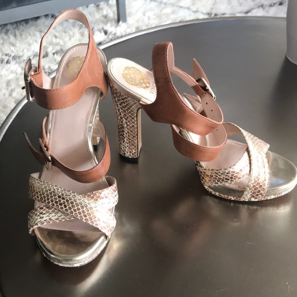 Vince Camuto gold metallic and brown leather heels